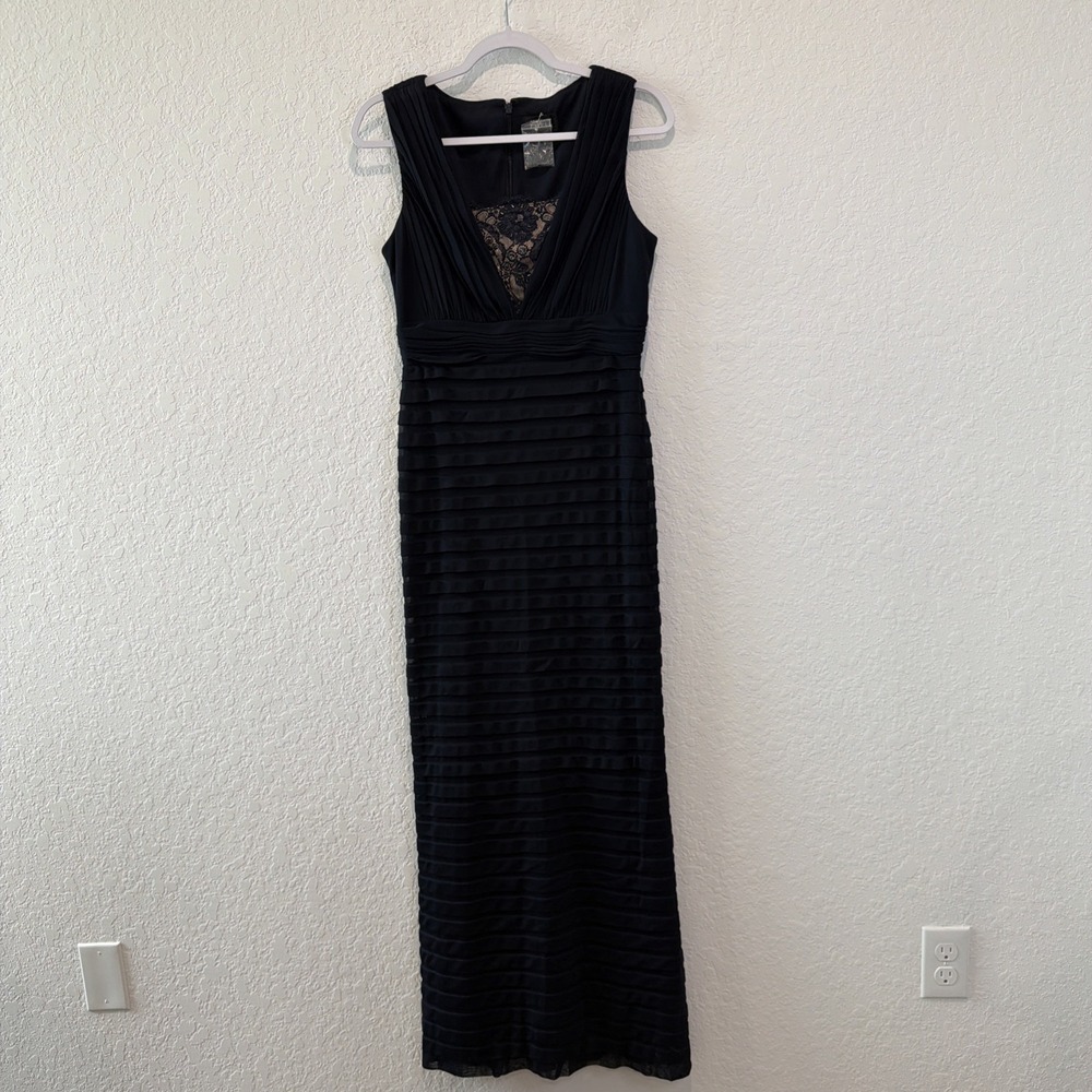 Adrianna Papell Navy Blue Lace Chiffon Ruched Maxi Special Occasion Dress Size 6